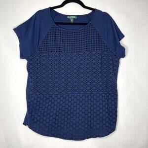 Plus Sized LAUREN RALPH LAUREN Navy Eyelet Short Sleeve Shirt Size